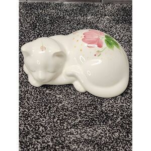 Handpainted White Sleeping Cat with Fliral Design